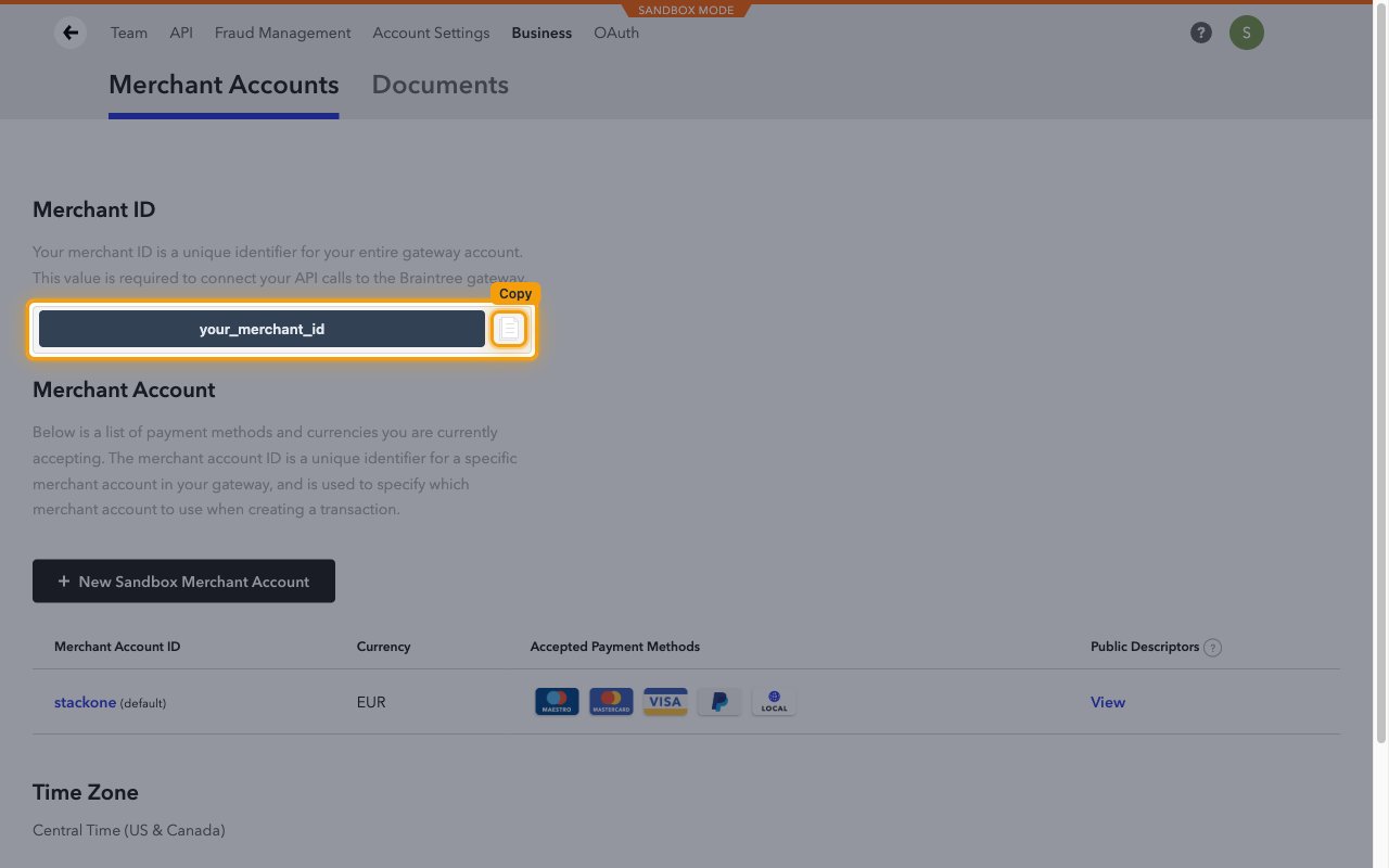 Braintree Business page with the Merchant ID field and its Copy button highlighted.