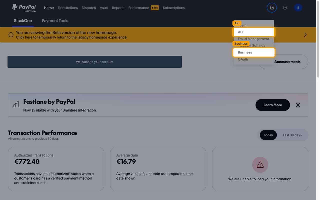 Open Braintree settings menu with the API and Business entries highlighted.