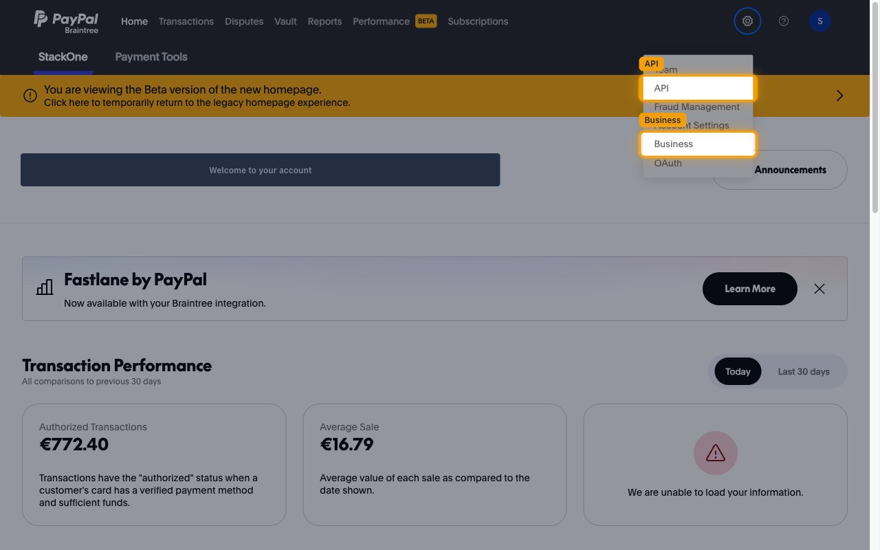 Open Braintree settings menu with the API and Business entries highlighted.