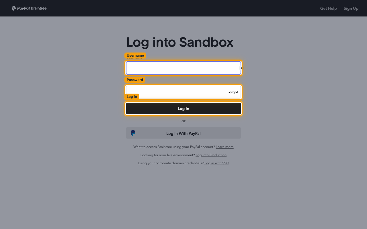 Braintree sandbox login screen with the Username field, Password field and Log In button highlighted.