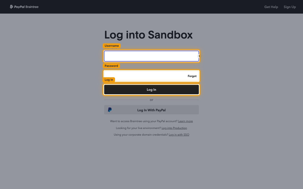 Braintree sandbox login screen with the Username field, Password field and Log In button highlighted.