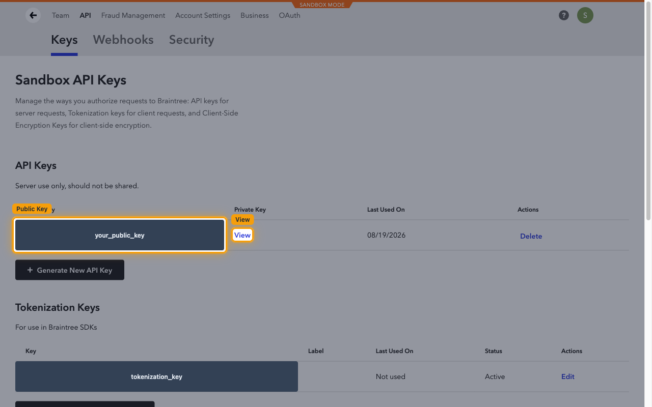 Braintree API Keys table with the Public Key value and the View link in the Private Key column highlighted.
