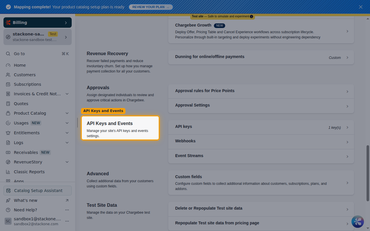The Configure Chargebee page scrolled to the API Keys and Events section