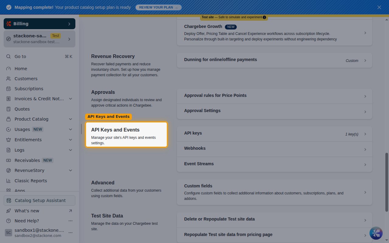 The Configure Chargebee page scrolled to the API Keys and Events section