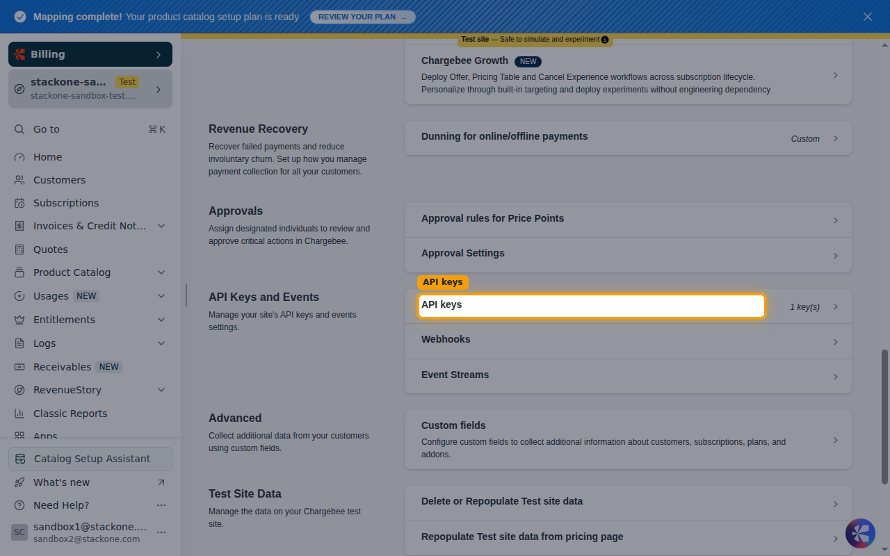 The API keys row inside the API Keys and Events panel