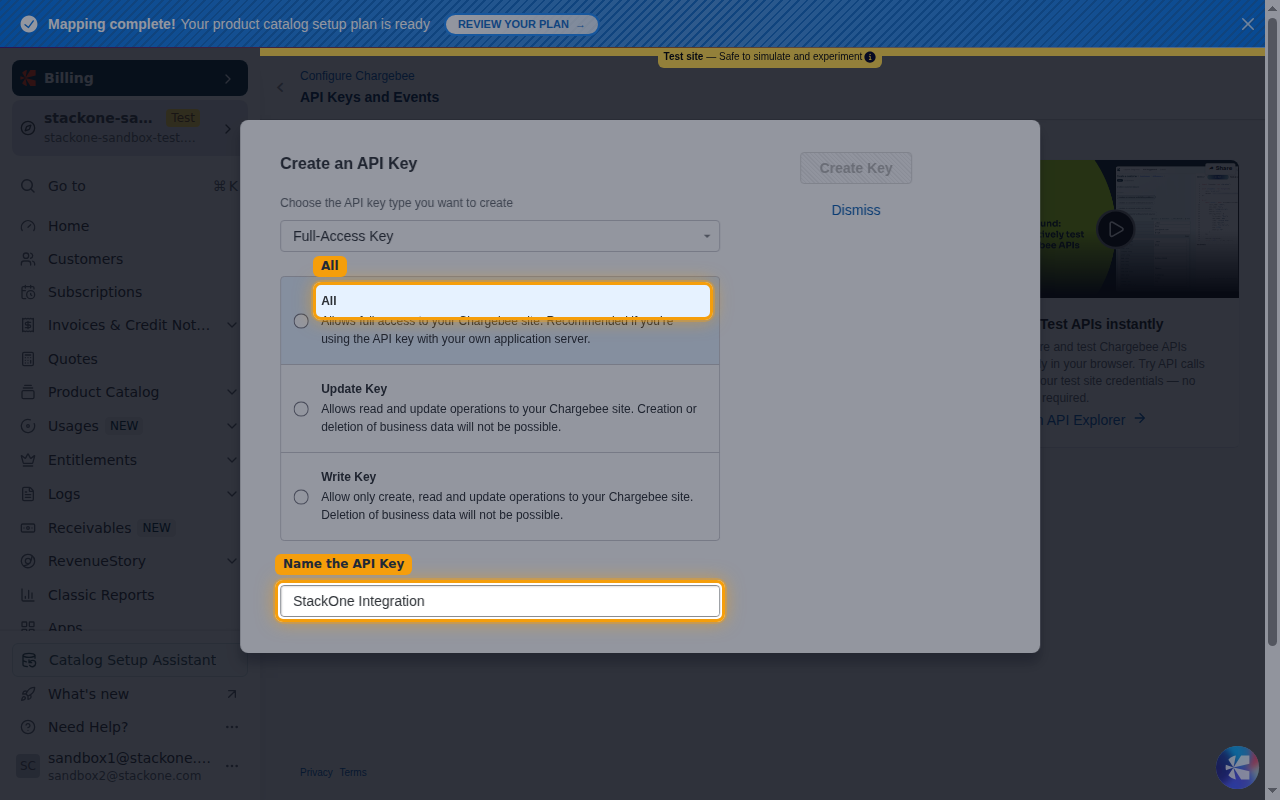 The Create an API Key panel with Full-Access Key, the All access level, and the Name the API Key field