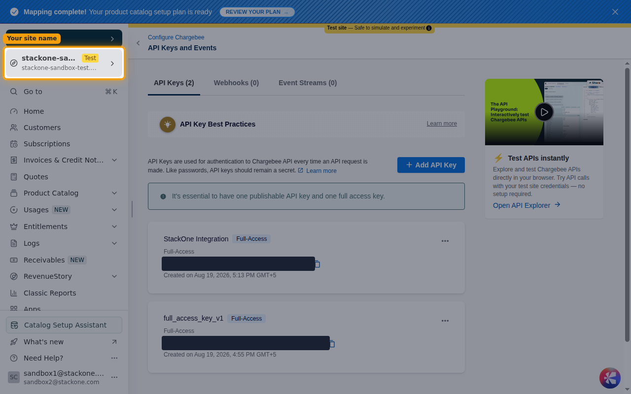 The Chargebee site indicator showing the site URL in the top-left corner
