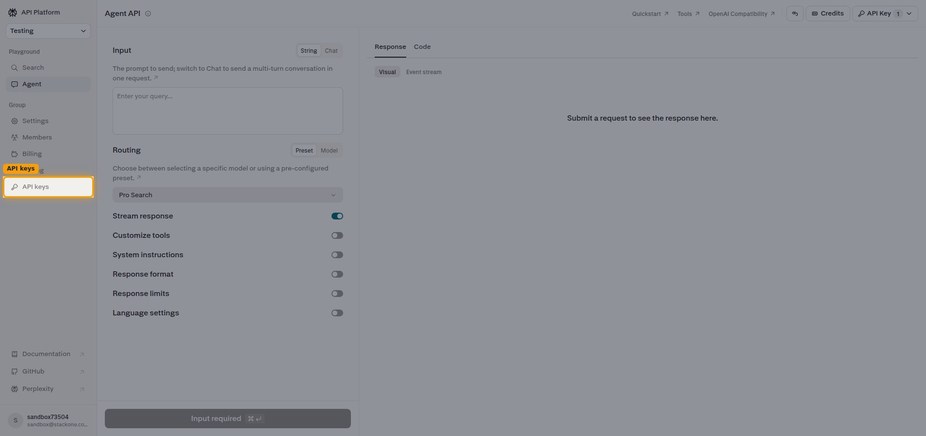 Left sidebar of the Perplexity API Console with the API keys tab highlighted