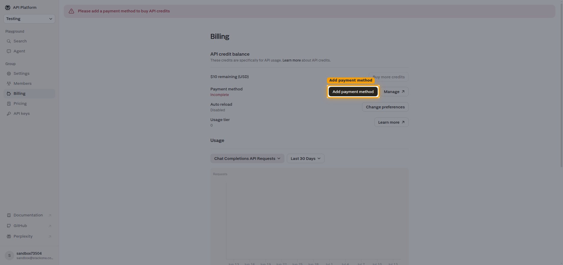 Perplexity API Console Billing page showing the API credit balance and the Add payment method button