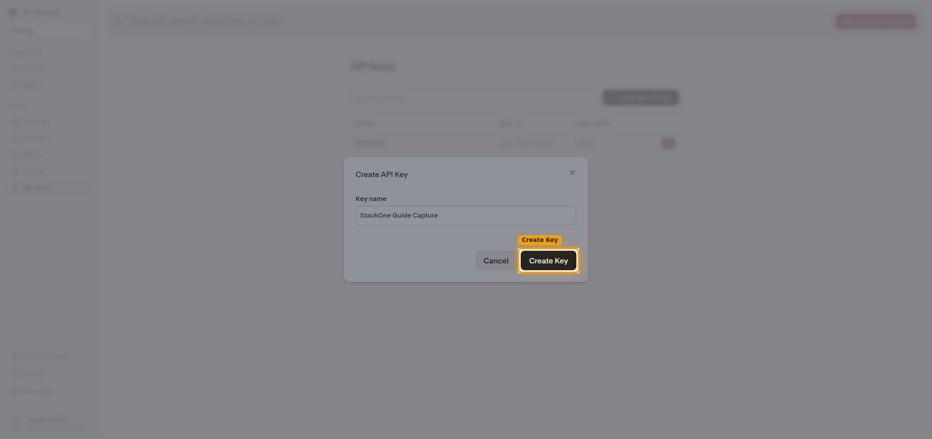 Create API Key dialog with a key name entered and the Create Key button highlighted