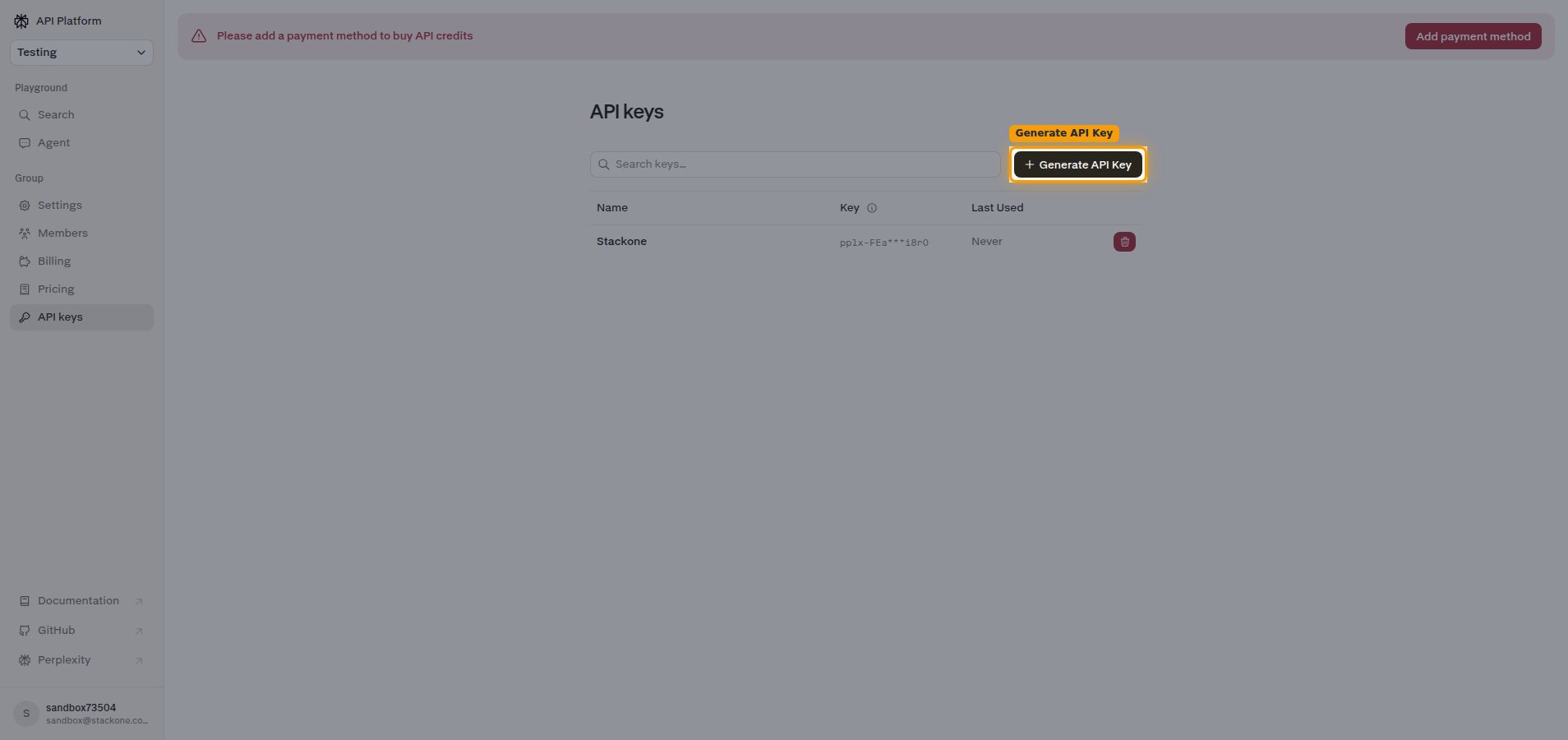Perplexity API keys page with the Generate API Key button highlighted