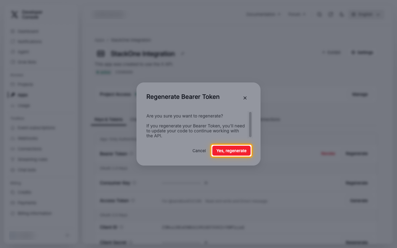 The Regenerate Bearer Token confirmation with the Yes, regenerate button highlighted