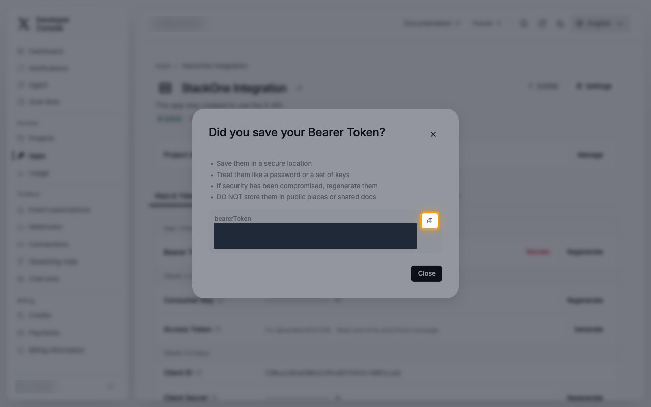 The Did you save your Bearer Token? dialog with the copy button highlighted