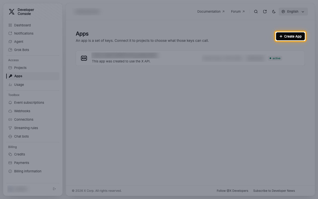 The Apps page with the Create App button highlighted