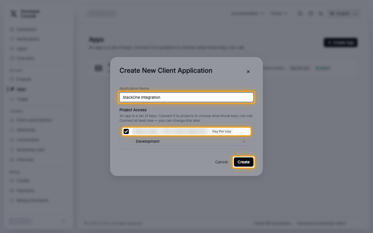 The Create New Client Application dialog with the Application Name field, project checkbox and Create button highlighted