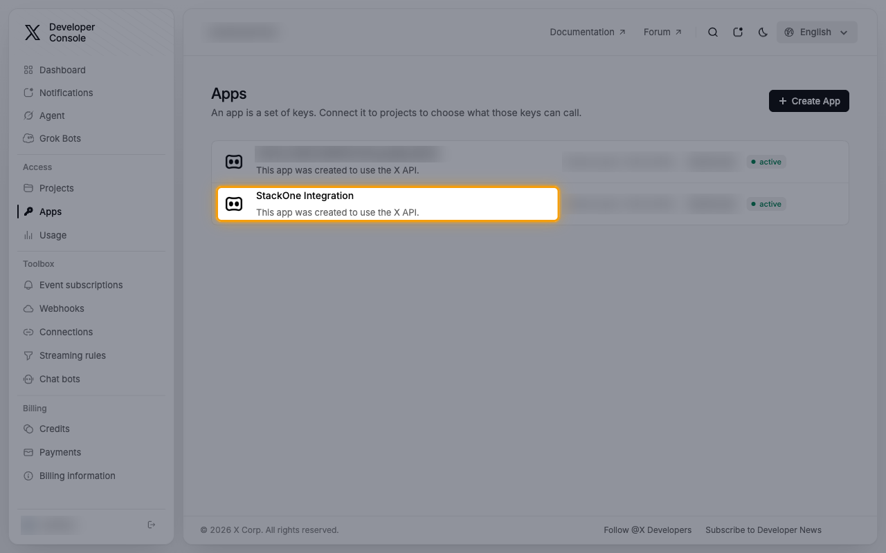 The Apps page with an app highlighted in the list