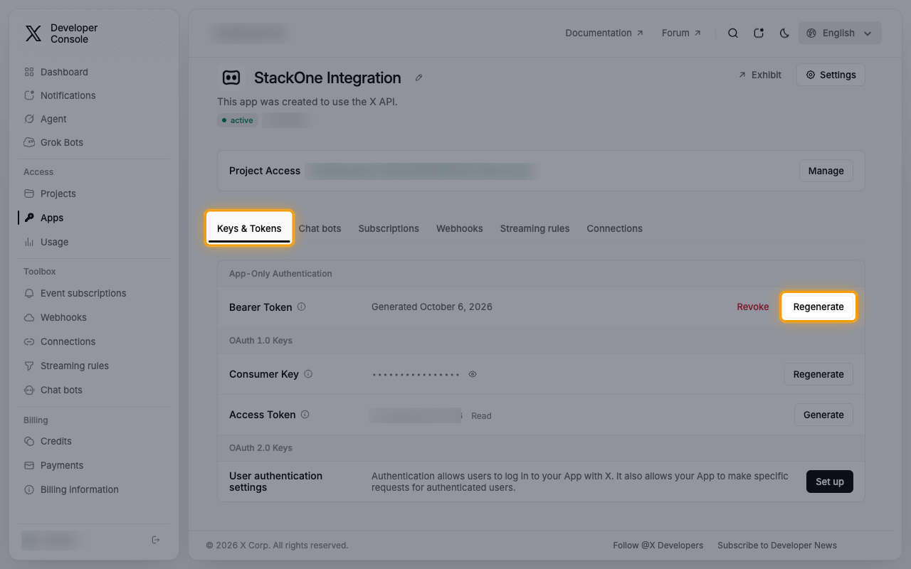 The Keys & Tokens tab with the Regenerate button for Bearer Token highlighted