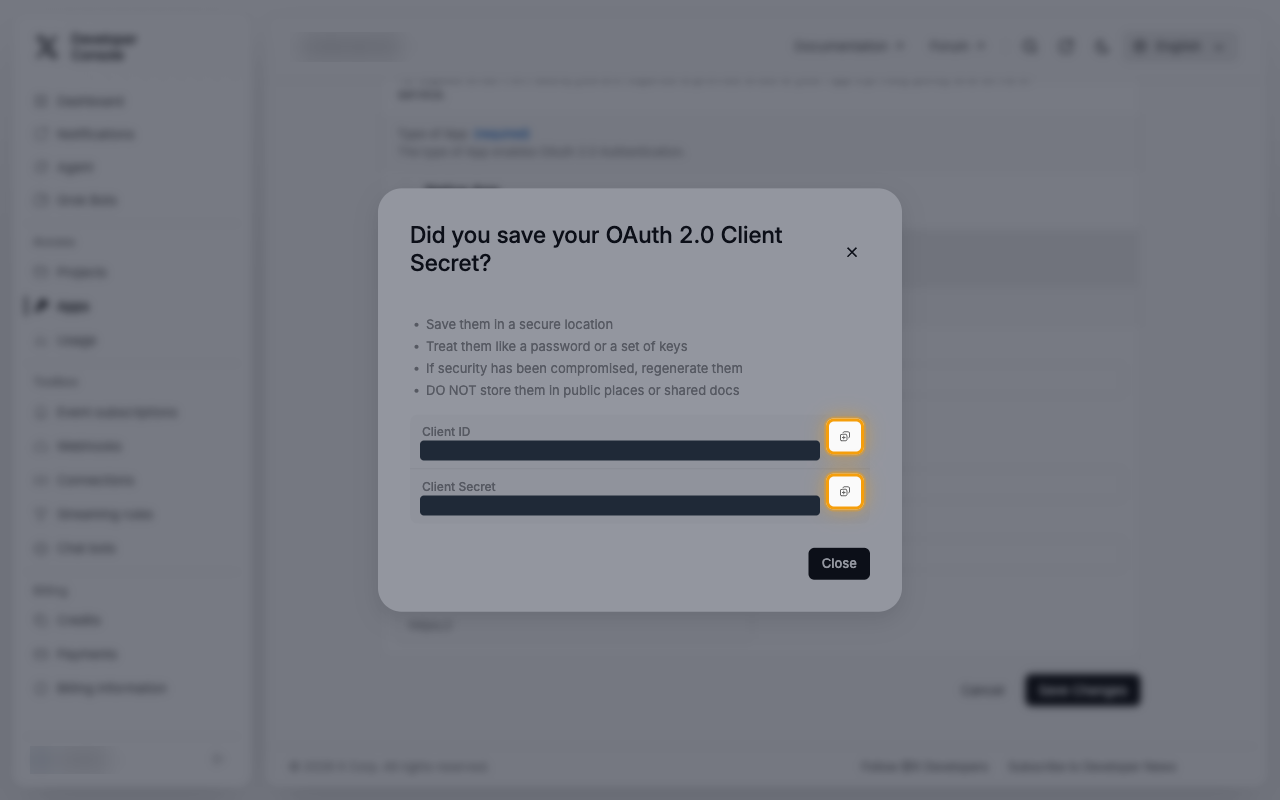 The Did you save your OAuth 2.0 Client Secret? dialog with the copy buttons for Client ID and Client Secret highlighted