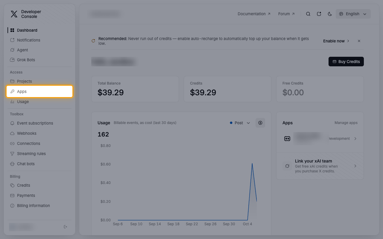 The X Developer Console dashboard with Apps highlighted in the left sidebar