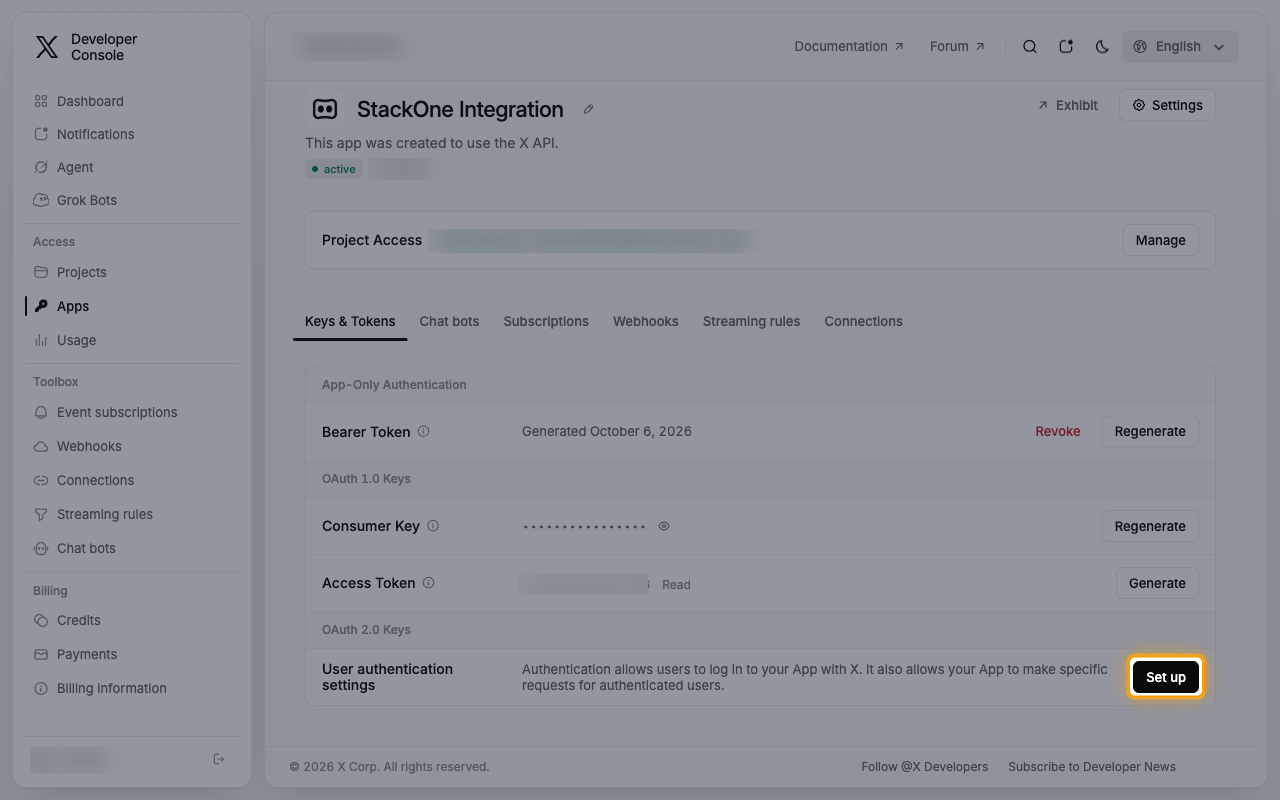 The app's Keys & Tokens tab with the Set up button for User authentication settings highlighted