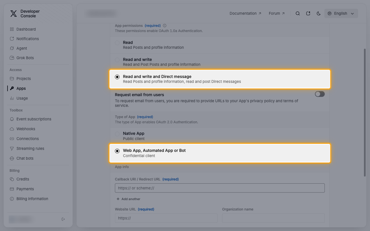 The Authentication settings page with Read and write and Direct message and Web App, Automated App or Bot selected