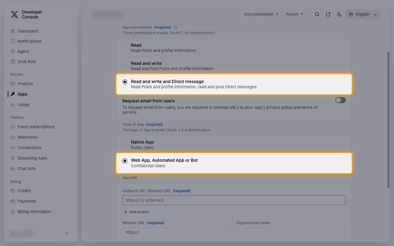 The Authentication settings page with Read and write and Direct message and Web App, Automated App or Bot selected