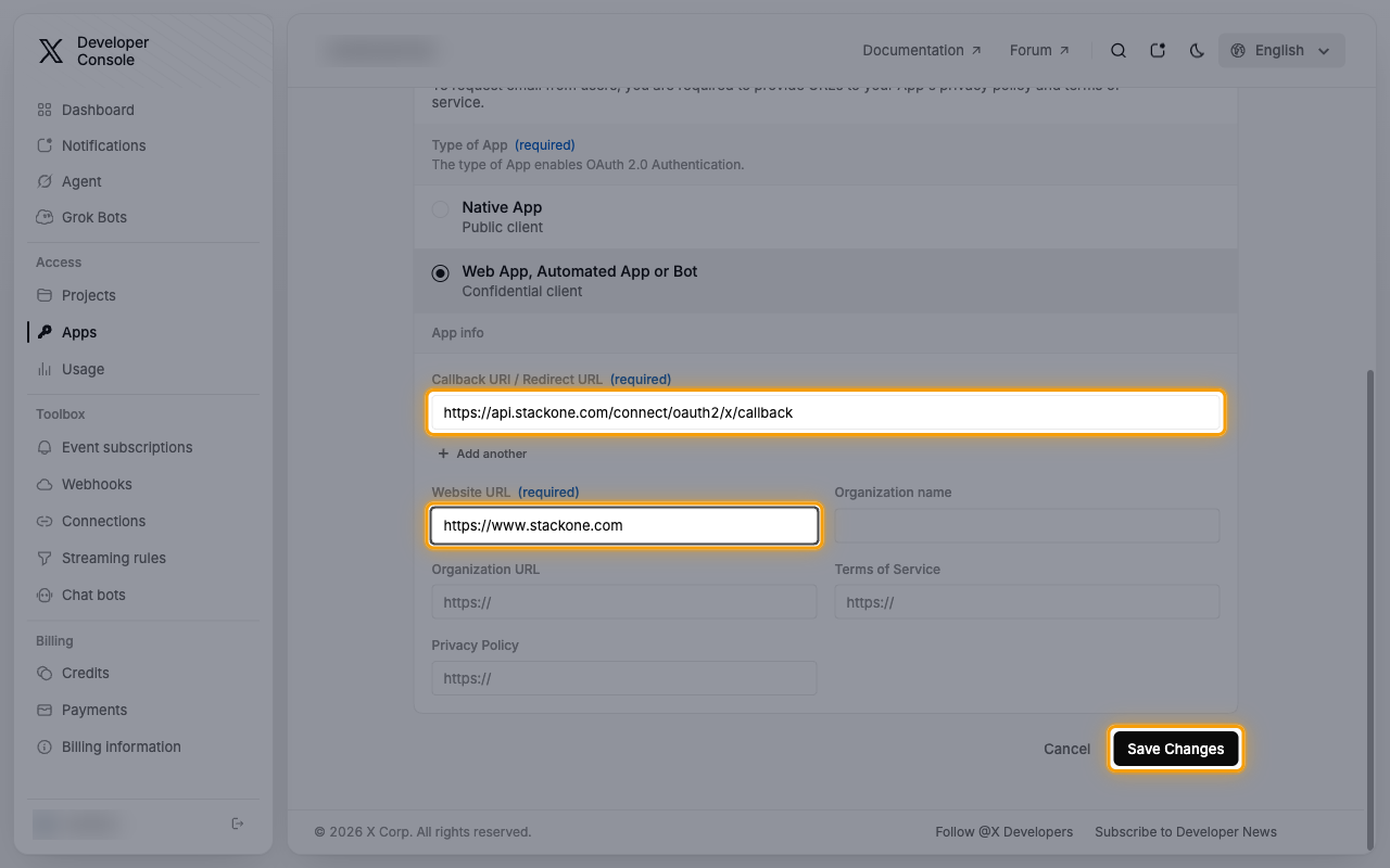 The App info section with the Callback URI / Redirect URL and Website URL fields and the Save Changes button highlighted