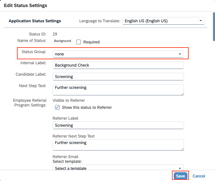 Edit Applicant Status Set configurations