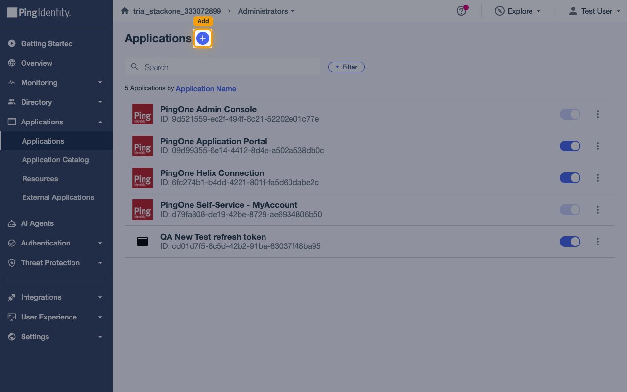 The PingOne Applications page with the Add (+) button highlighted in the top-right.