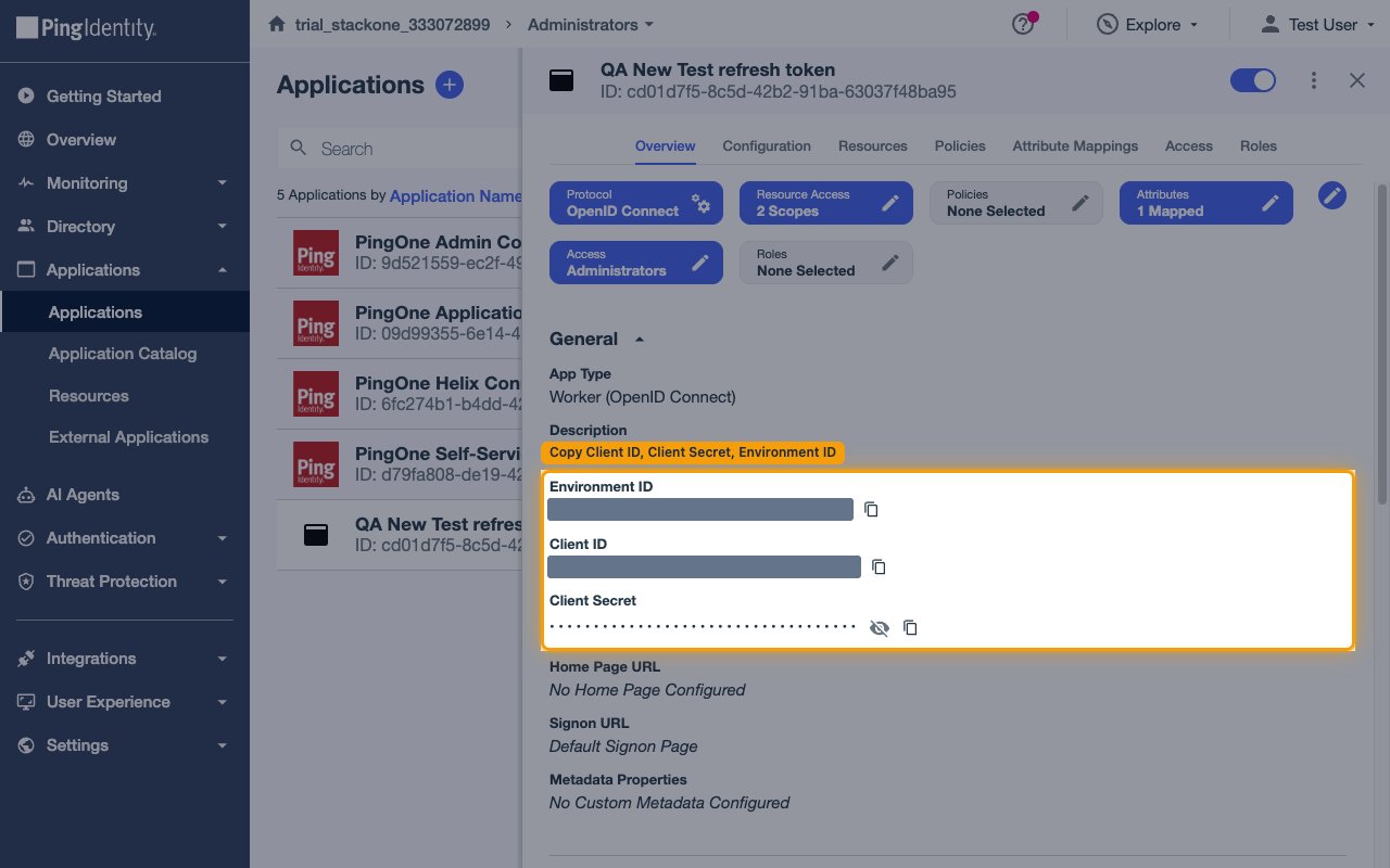 The application Overview tab General section showing Environment ID, Client ID, and Client Secret (values redacted).