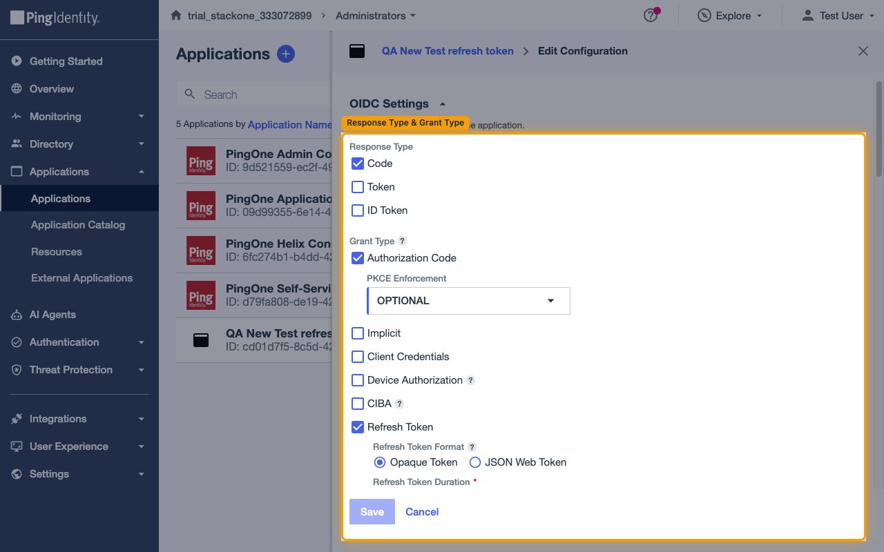 The OIDC Settings edit panel showing Response Type set to Code and Grant Type with Authorization Code and Refresh Token checked.