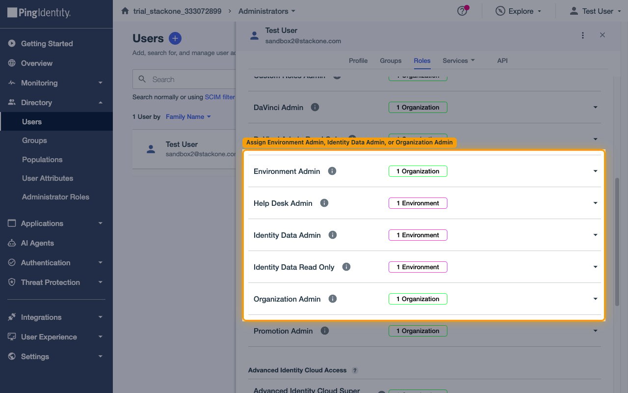 The user Roles tab showing the Environment Admin, Identity Data Admin, and Organization Admin roles.