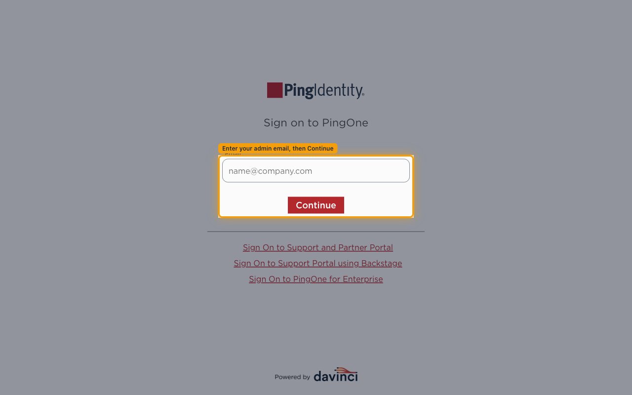 The PingOne Sign On page with the Email field and the Continue button.
