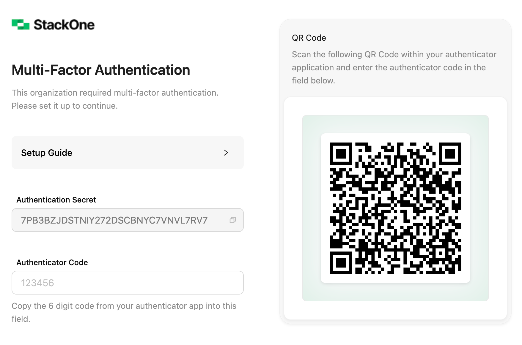 MFA setup dialog with QR code, authentication secret, and code confirmation