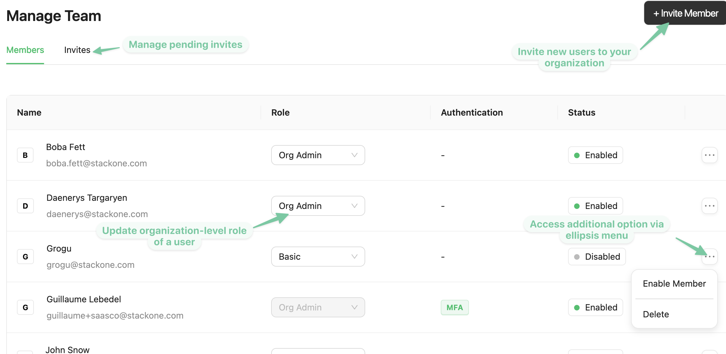 Organization > Manage Team, showing the Members tab with each member's role, and the invites tab