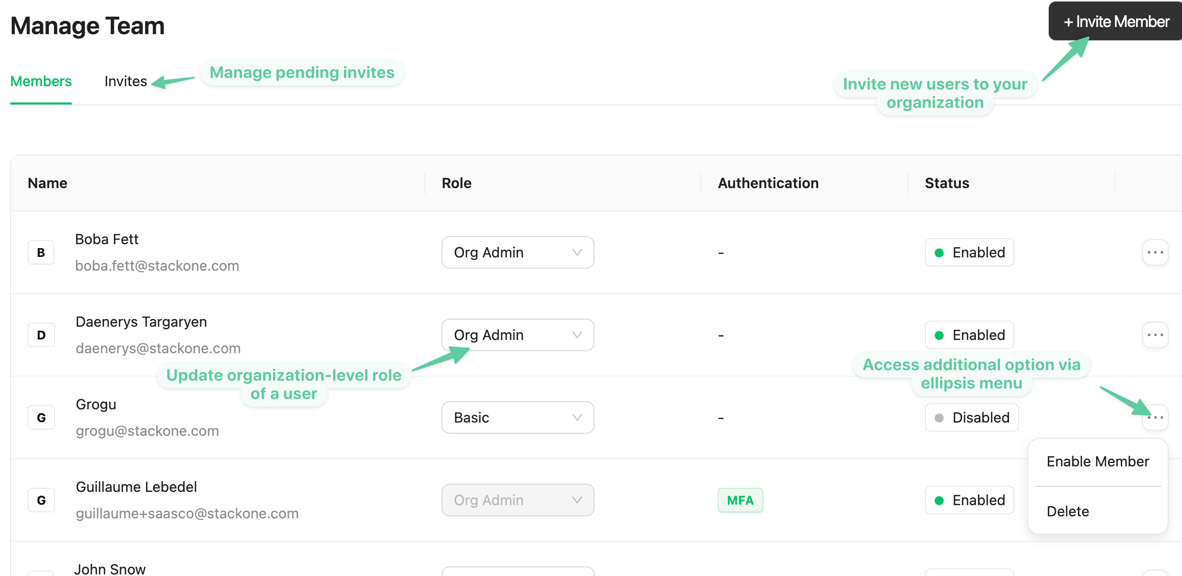 Organization > Manage Team, showing the Members tab with each member's role, and the invites tab