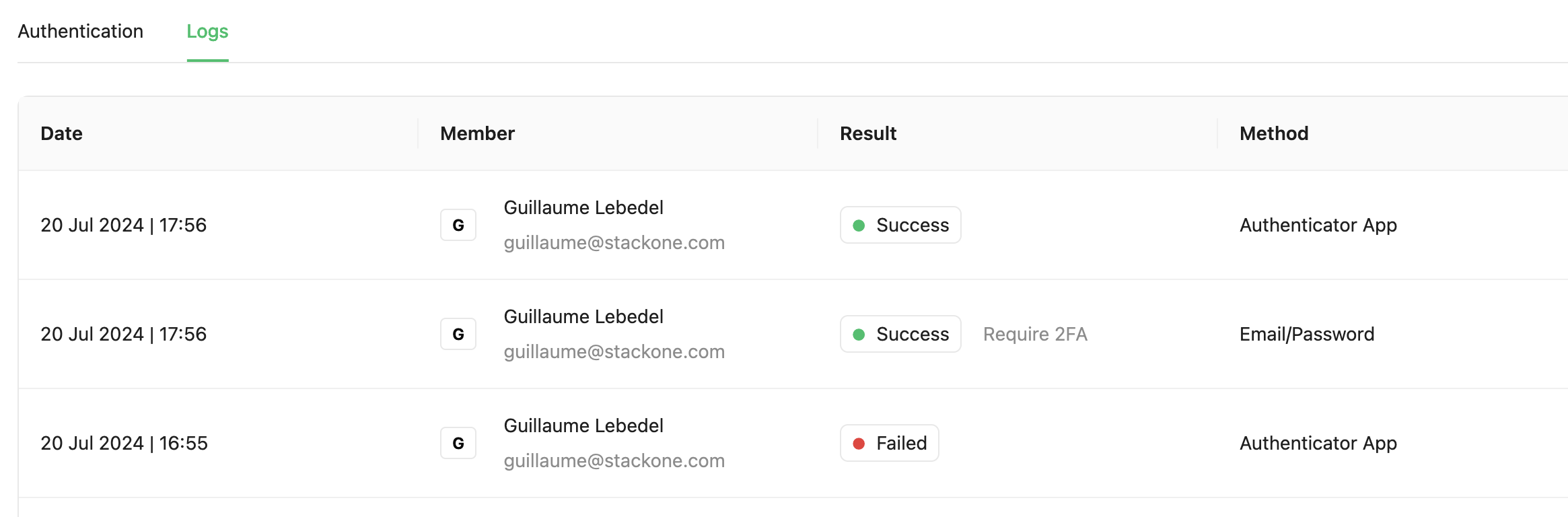 Security Logs page listing login attempts with their outcomes