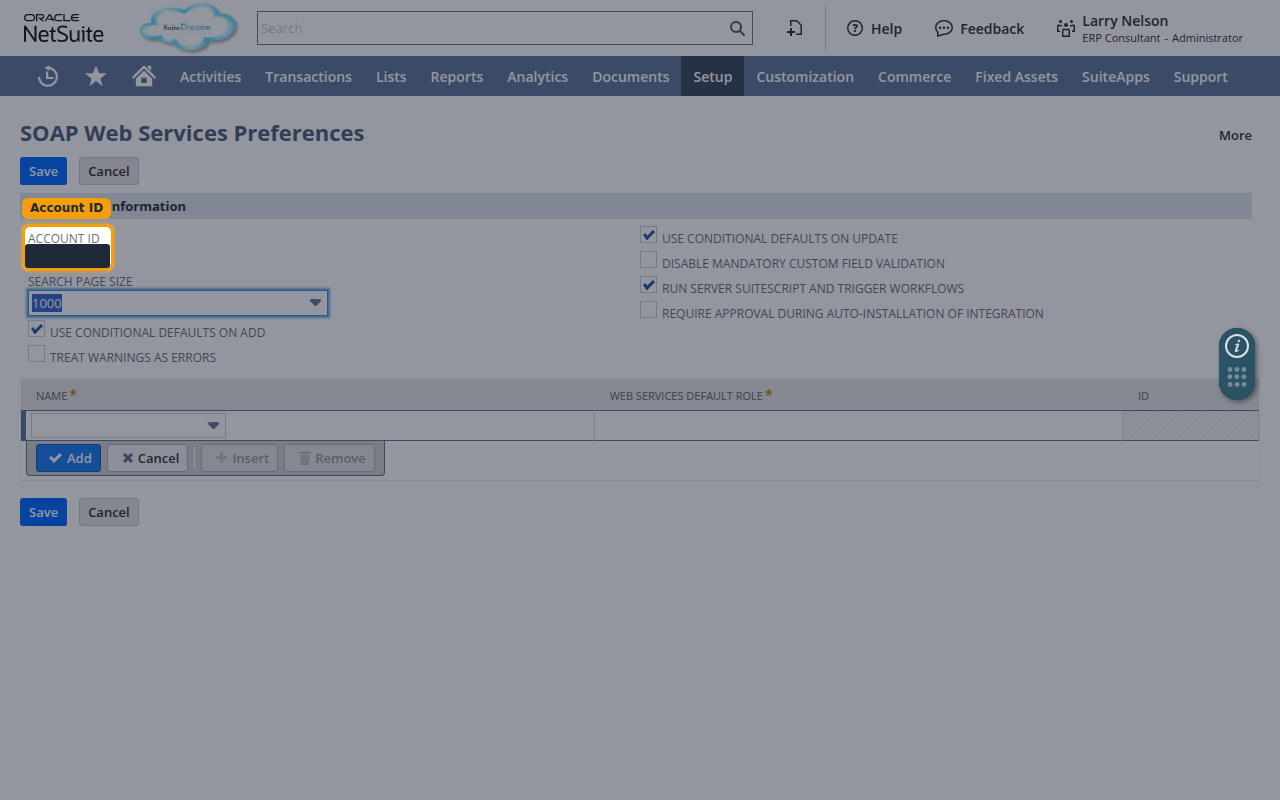 SOAP Web Services Preferences page with the Account ID field highlighted and its value redacted