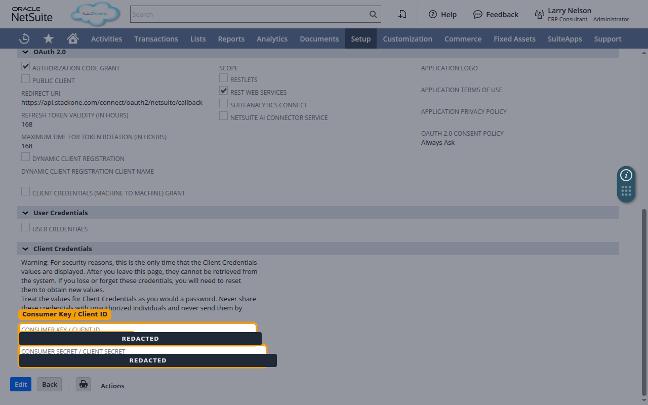 Client Credentials section showing the Consumer Key / Client ID and Consumer Secret / Client Secret with values redacted