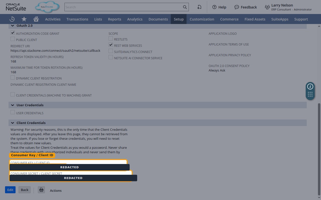 Client Credentials section showing the Consumer Key / Client ID and Consumer Secret / Client Secret with values redacted