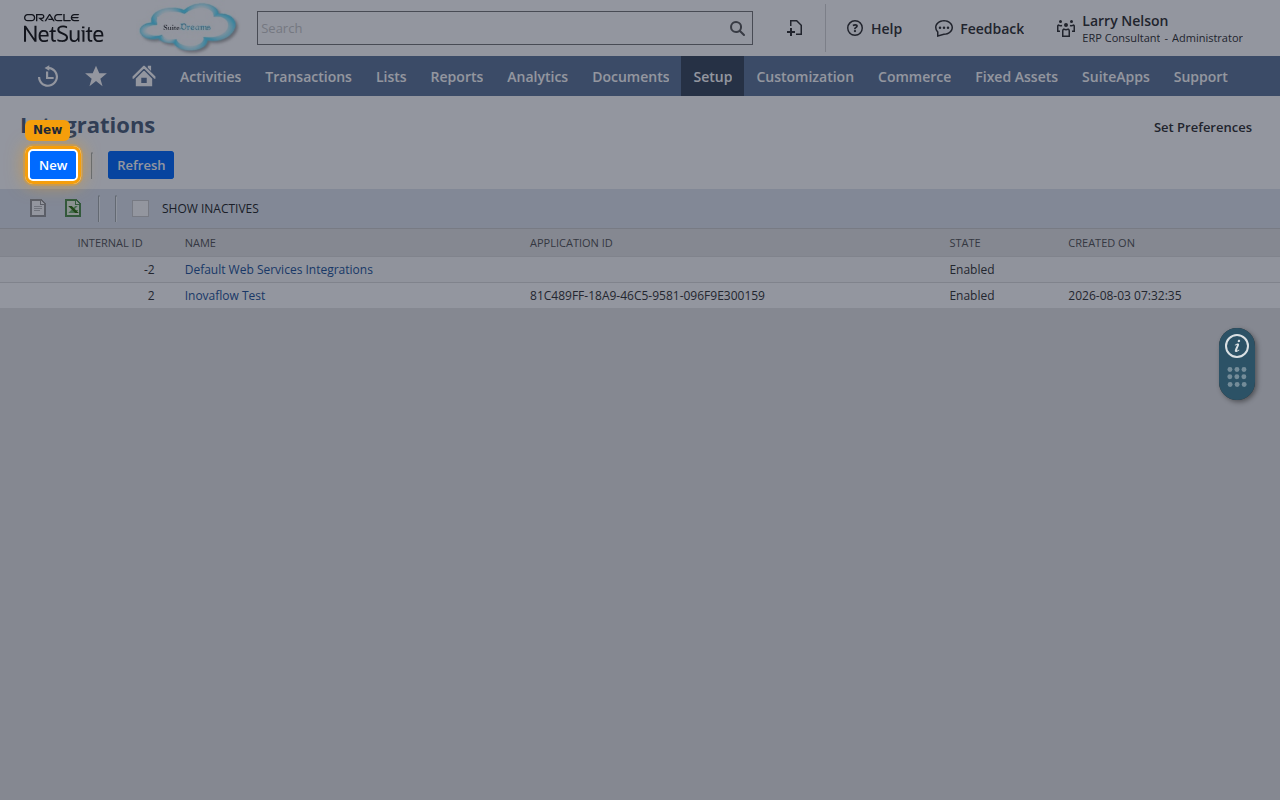 Integrations list with the New button highlighted