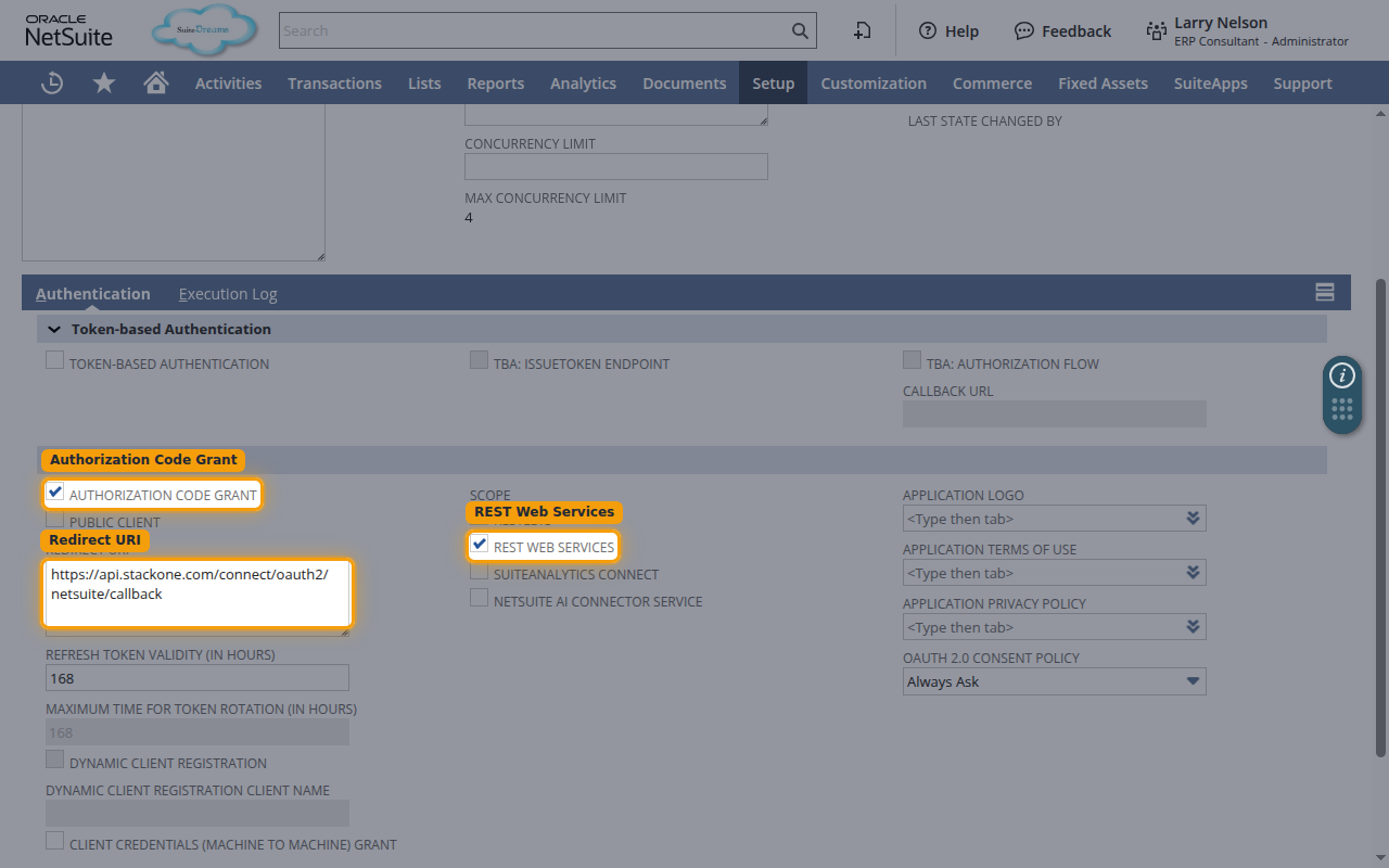 Integration form showing Authorization Code Grant, Redirect URI, and the REST Web Services scope