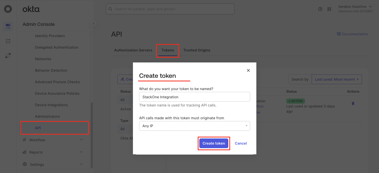 Okta API token creation