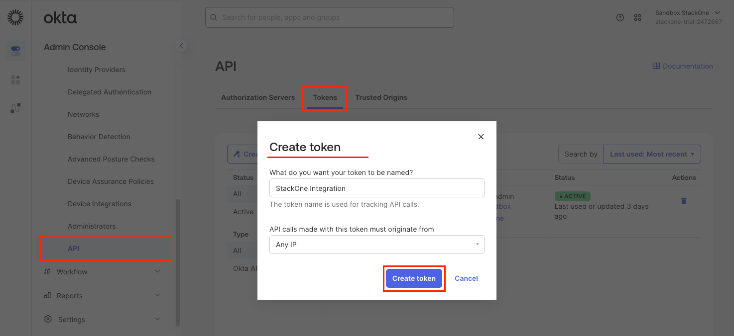 Okta API token creation