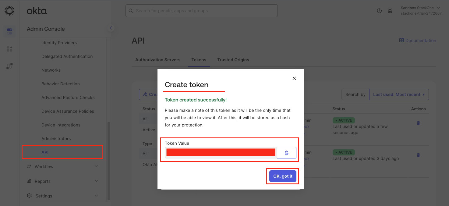 Okta API token copy