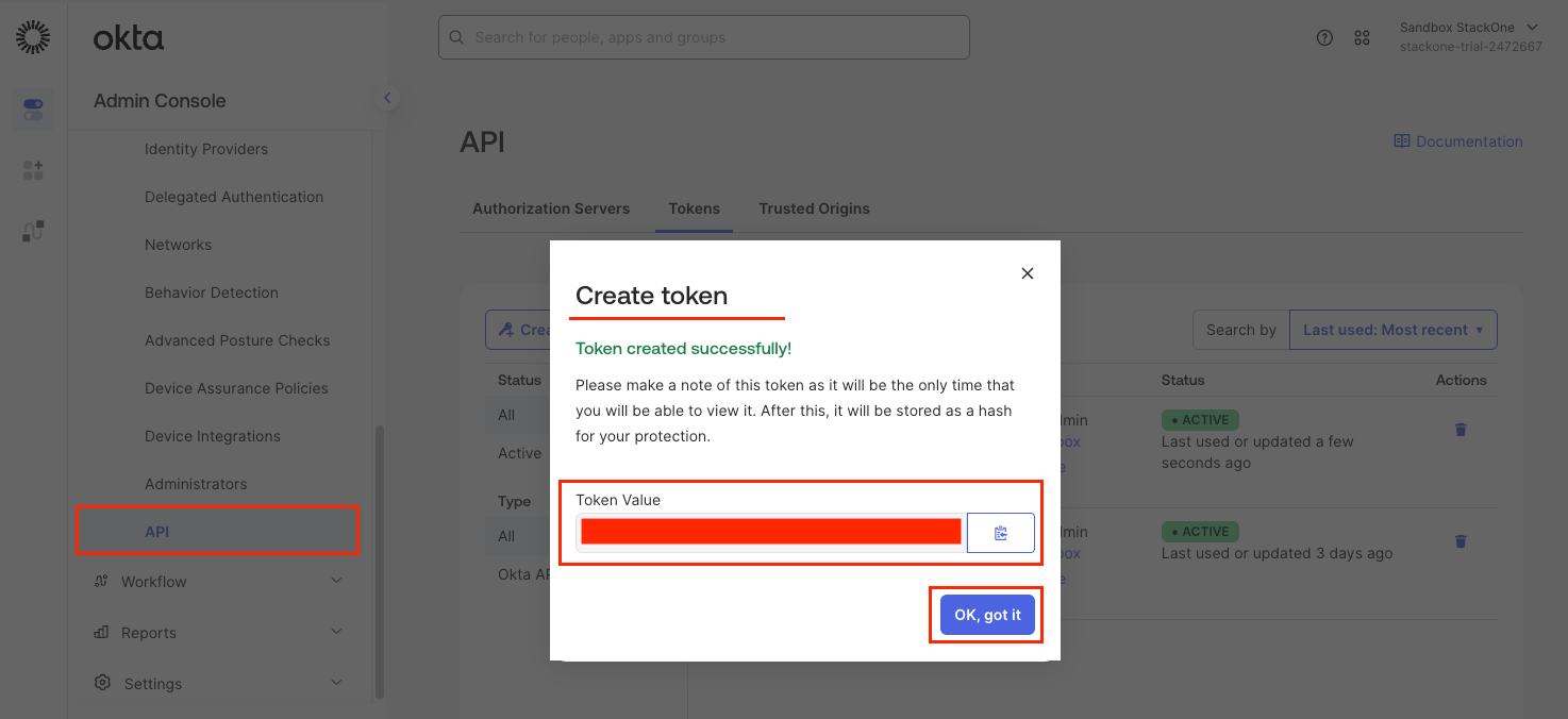 Okta API token copy