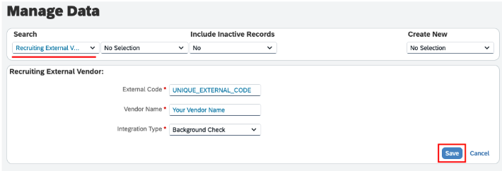 Enter all required details of Recruiting External Vendor