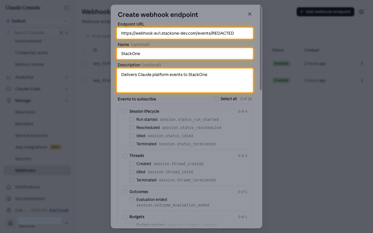 The Create webhook endpoint dialog with the Endpoint URL, Name and Description fields highlighted.