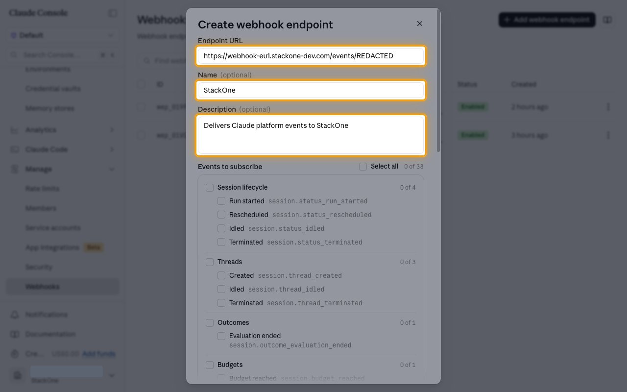The Create webhook endpoint dialog with the Endpoint URL, Name and Description fields highlighted.