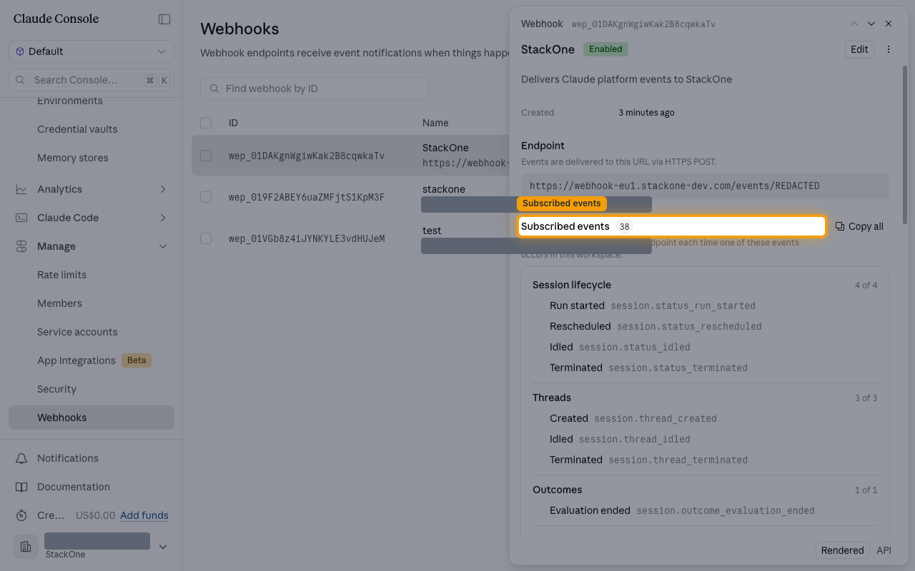 The endpoint detail panel with Subscribed events highlighted, showing 38 events grouped by resource.